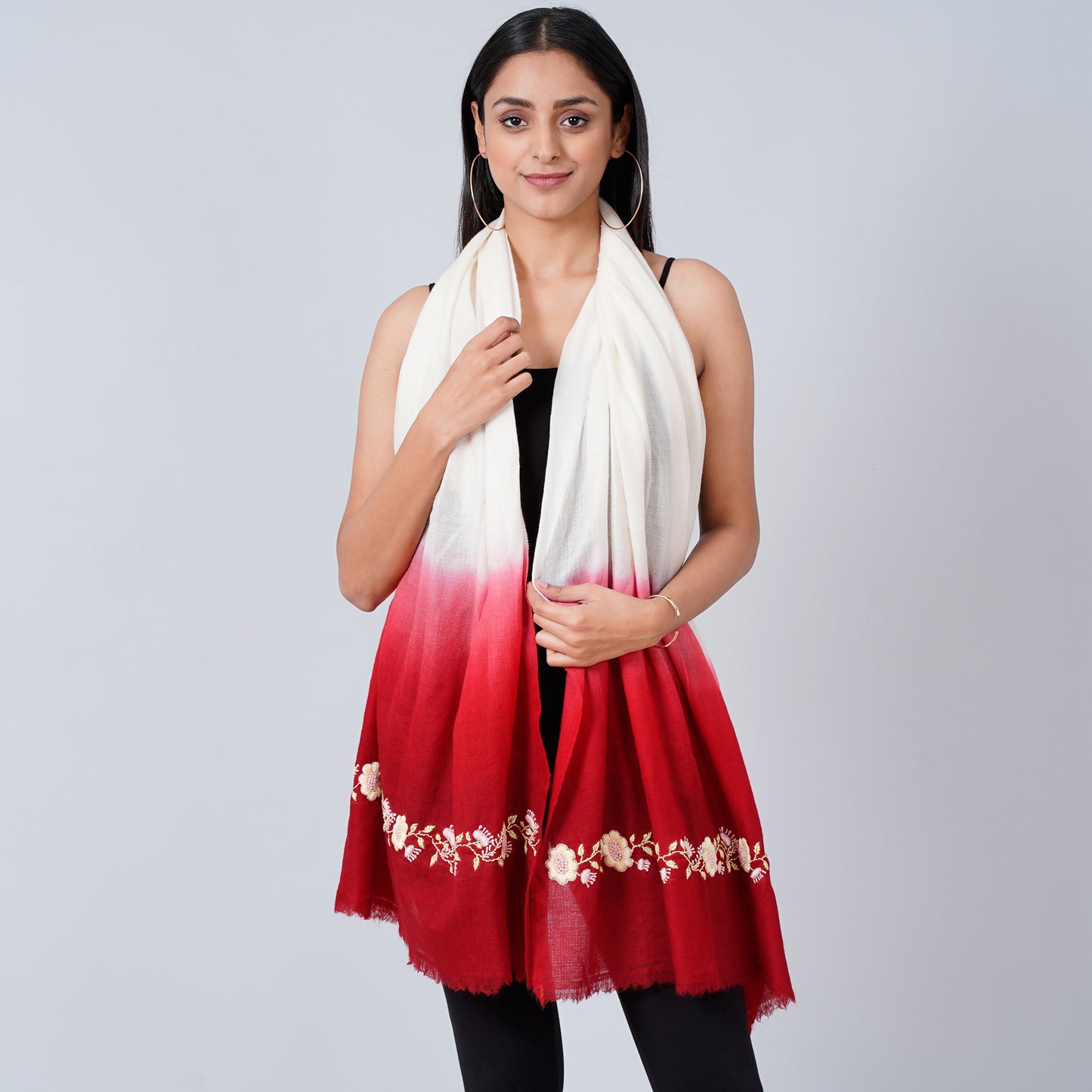 White and Red Hand Embroidered Colour Block Scarf