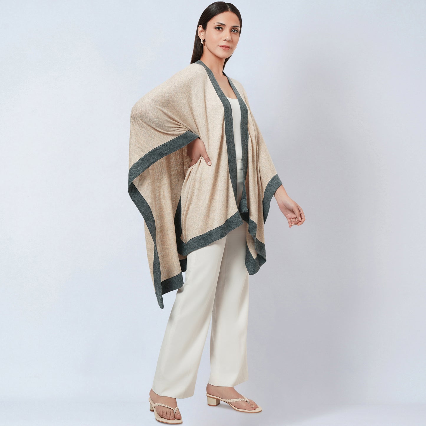 Beige and Grey Long Knitted Cashmere Cape