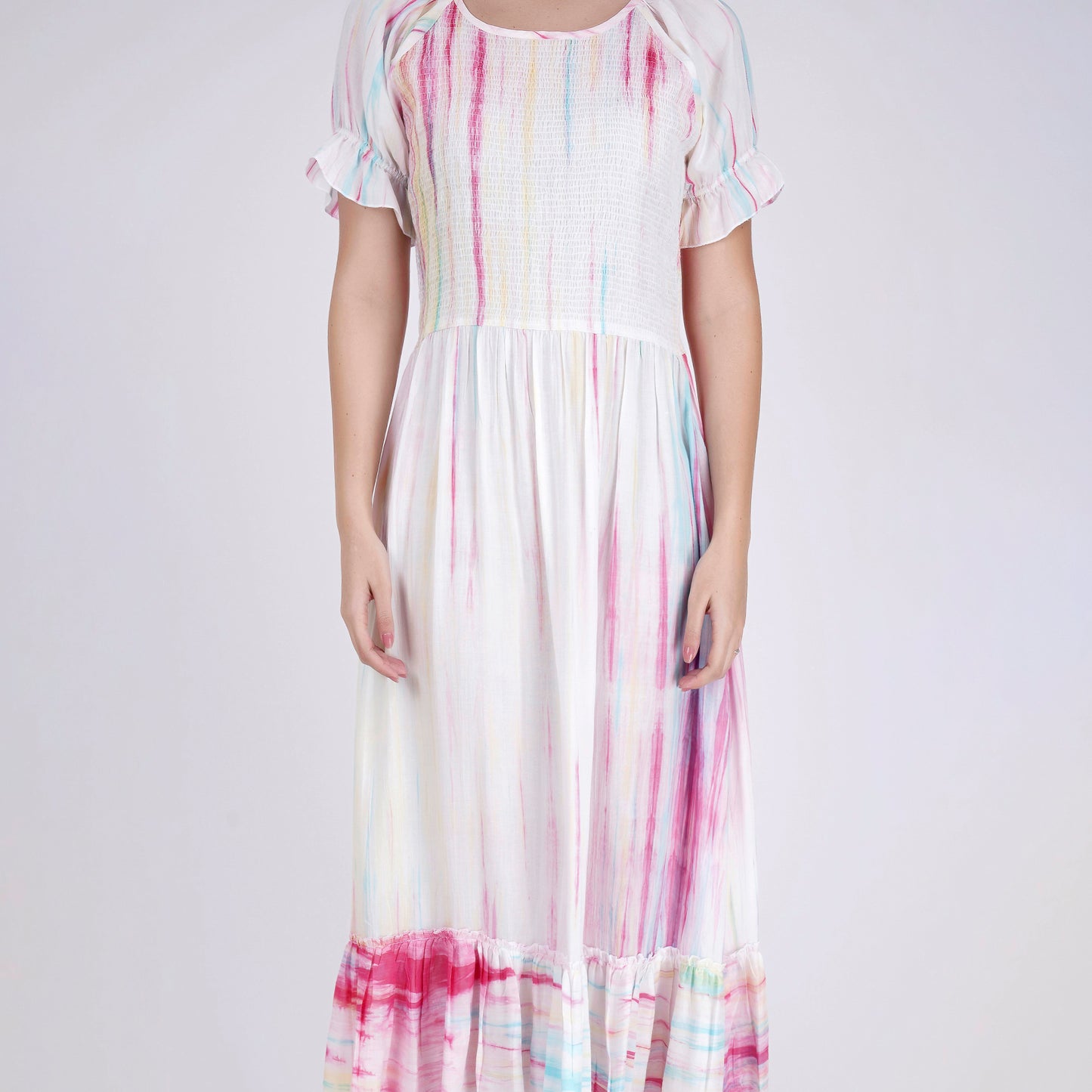 Multicoloured Tie-Dye Smocking Long Dress with Frill