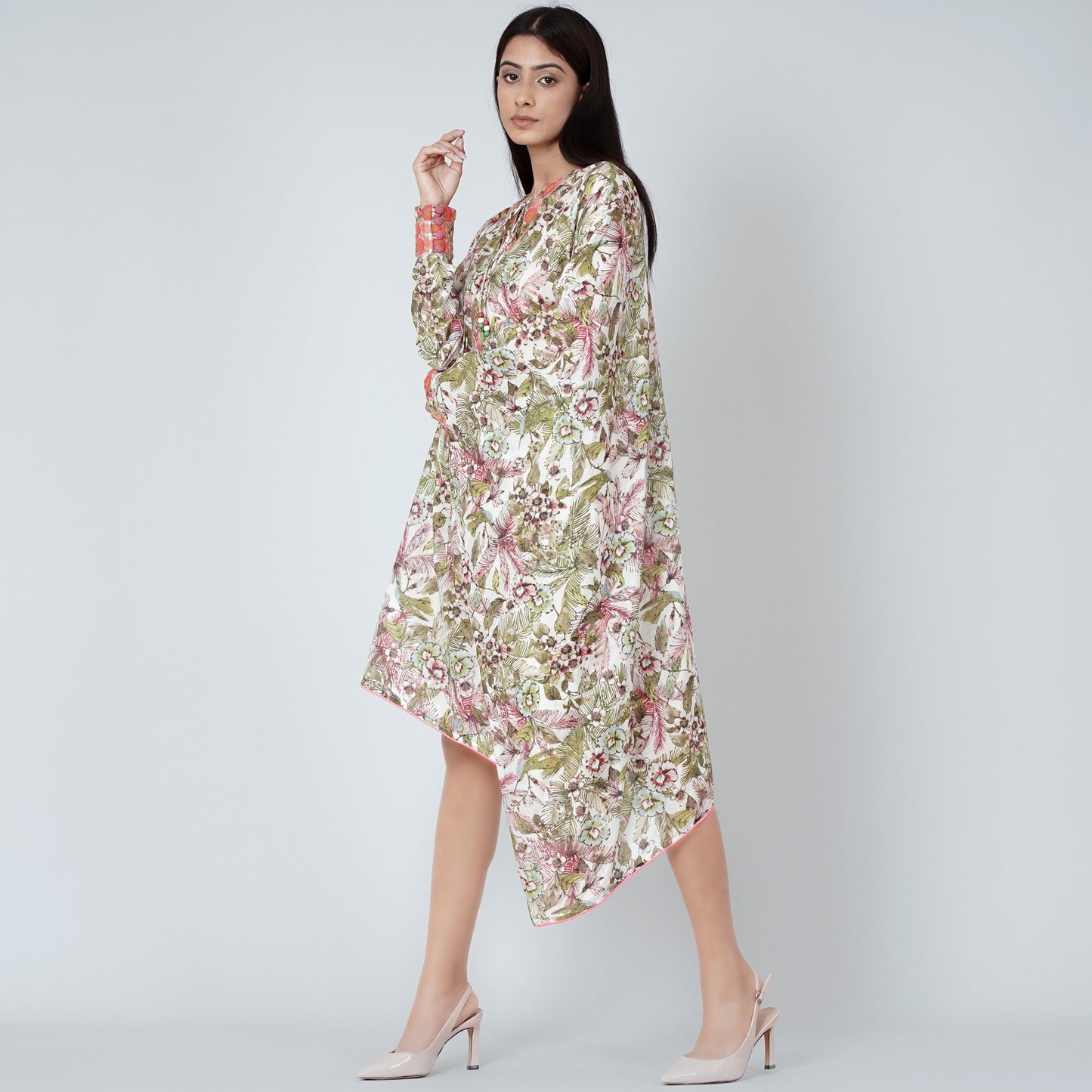 Green One Sleeve Floral Print Dress