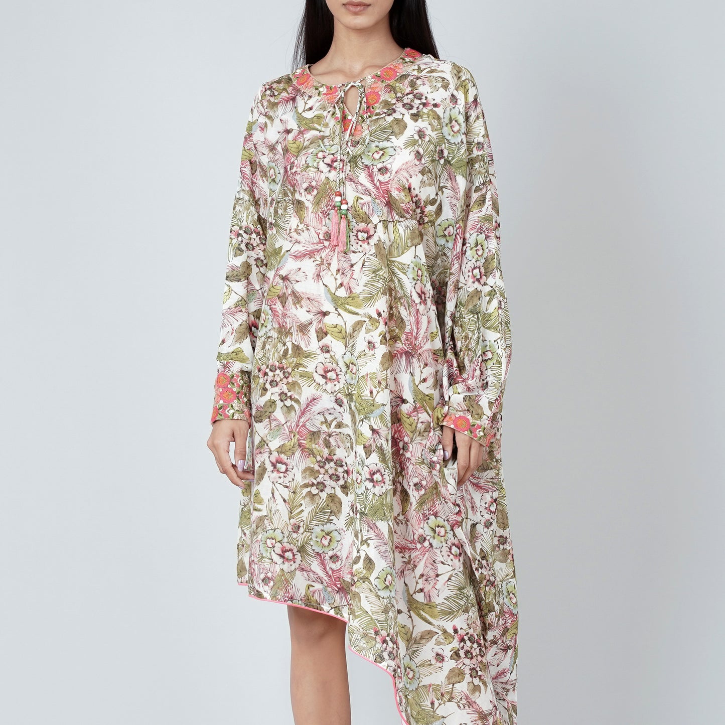 Green One Sleeve Floral Print Dress