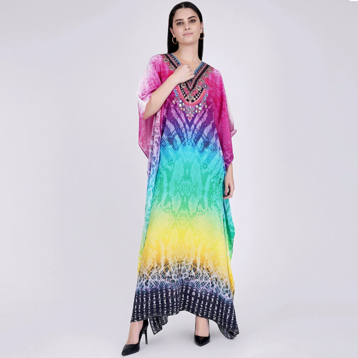 Multicoloured Python Print Embellished Silk Full Length Kaftan