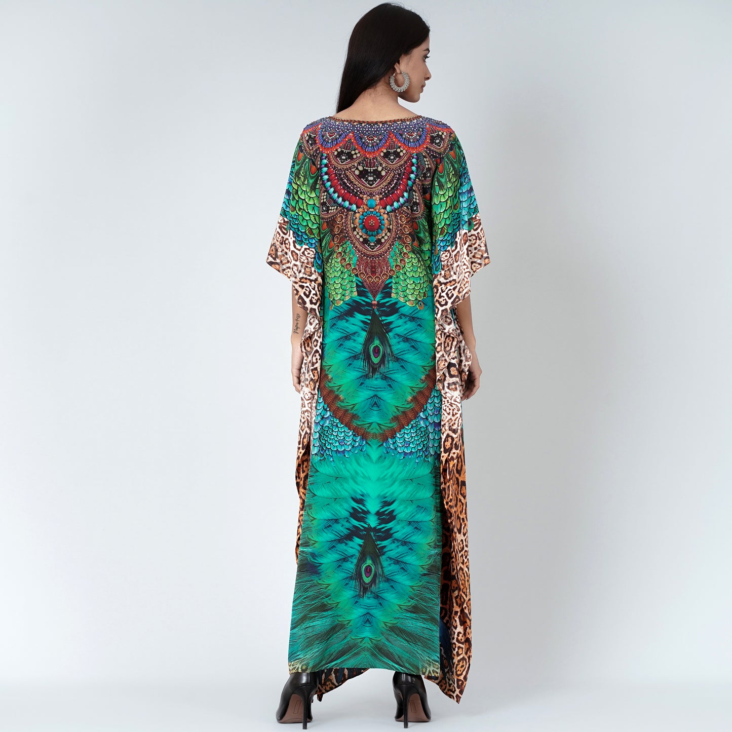 Green Tribal Print Embellished Silk Full Length Kaftan