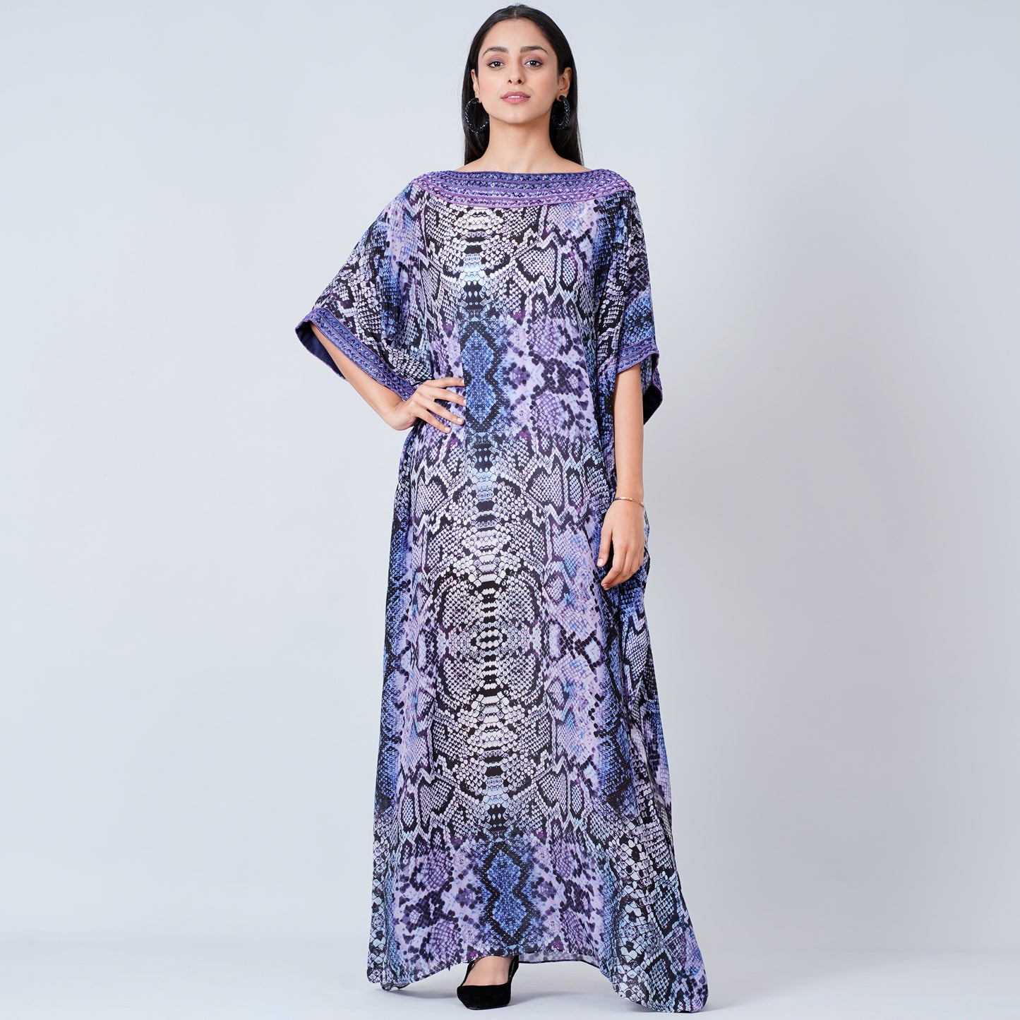 Blue Animal Print Embroidered Full Length Kaftan