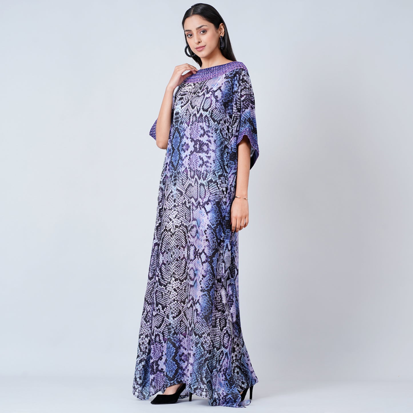 Blue Animal Print Embroidered Full Length Kaftan