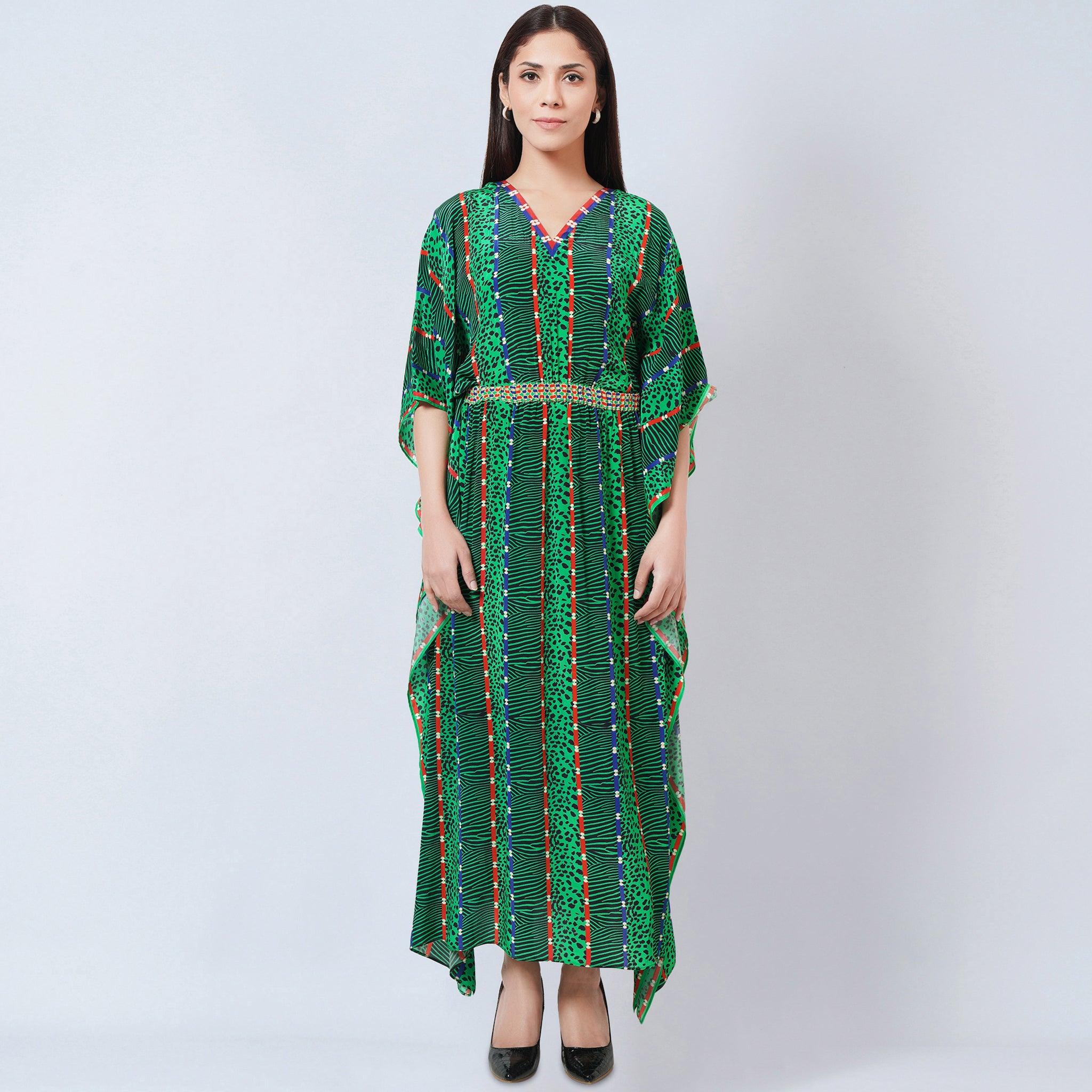 Green Animal Print Silk Full Length Kaftan – First Resort by Ramola ...