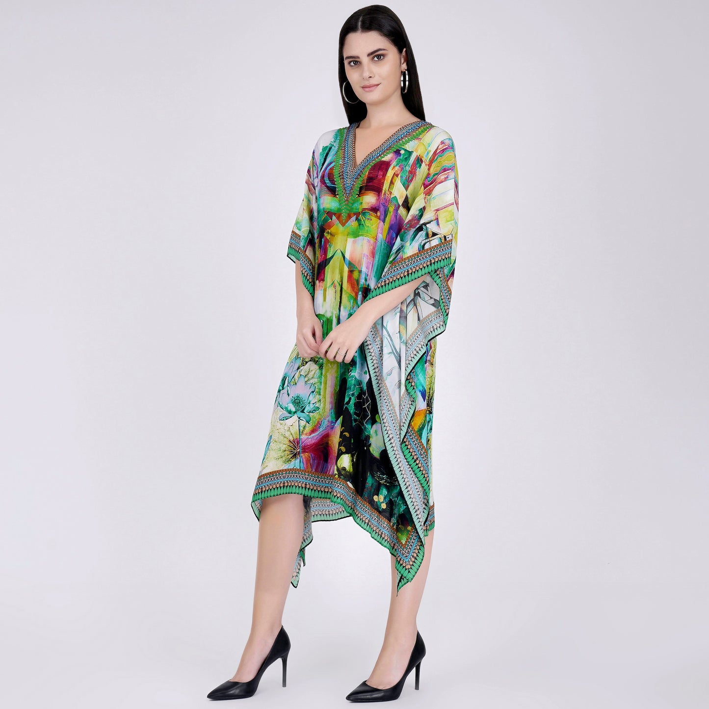 Green Abstract Mid Length Kaftan