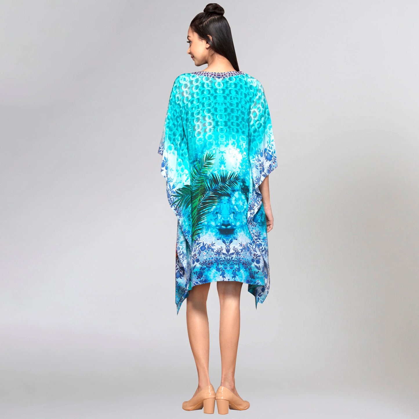 Blue and Green Tropical Print Silk Kaftan Tunic