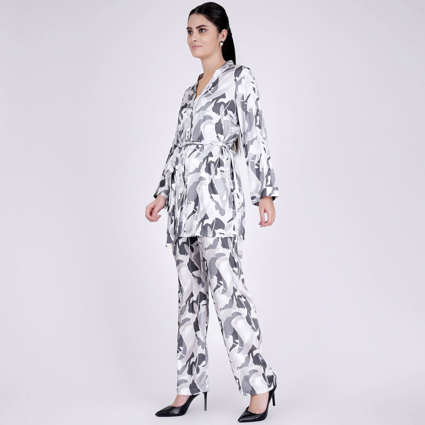 Grey Abstract Camouflage Printed Shirt and Pants Set