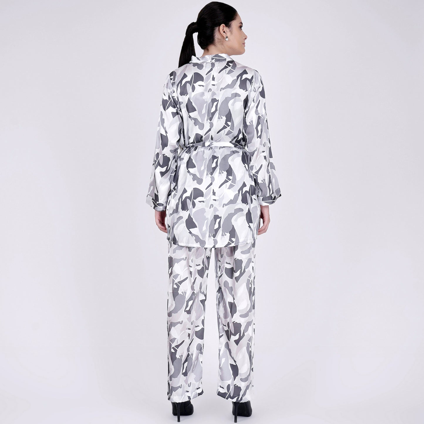 Grey Abstract Camouflage Printed Shirt and Pants Set