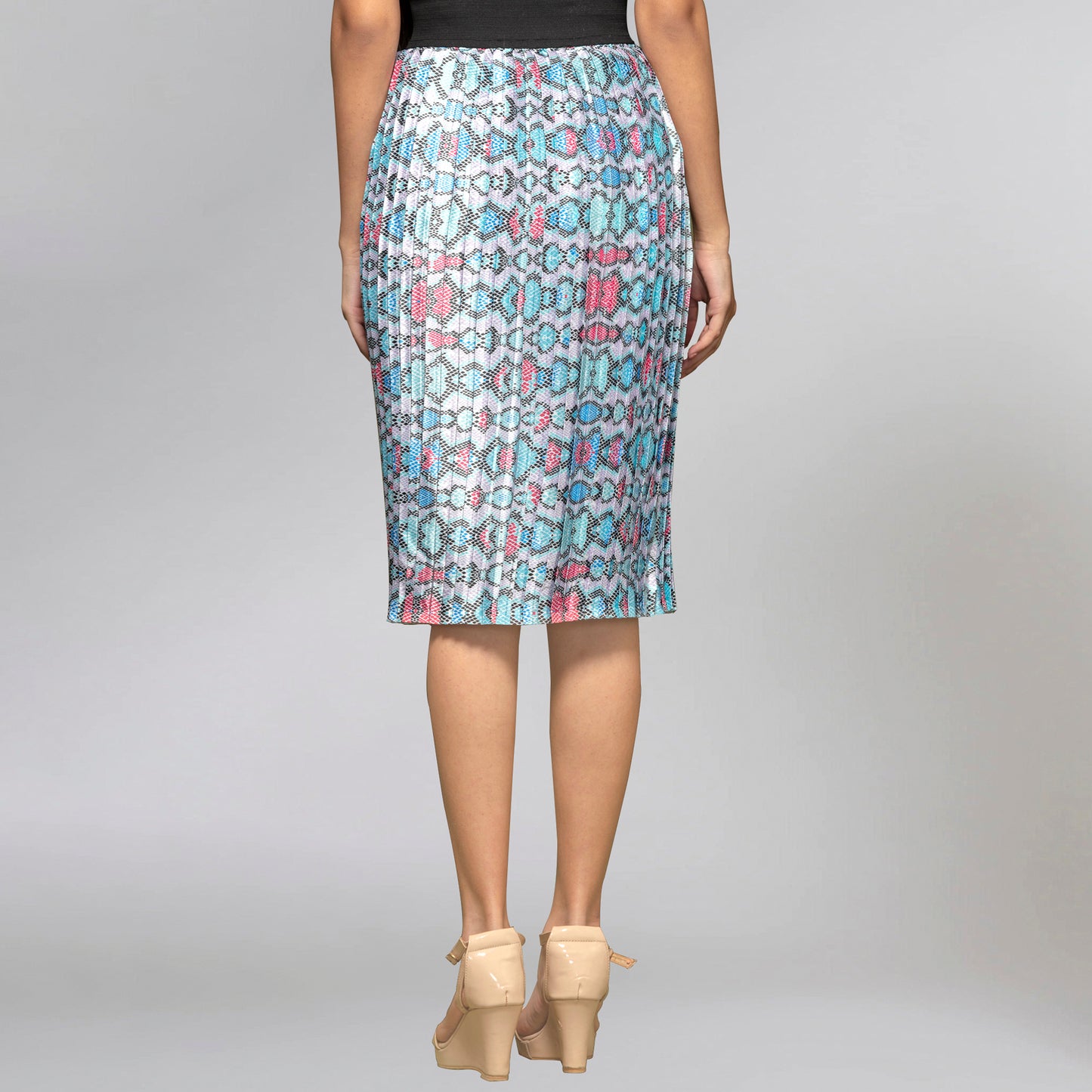 Blue Geometric Pleated Skirt