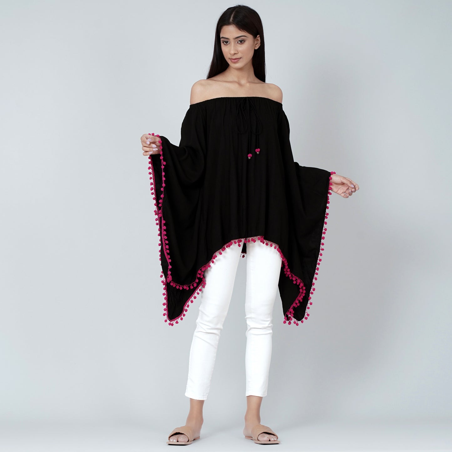 Black Pom Pom Poncho