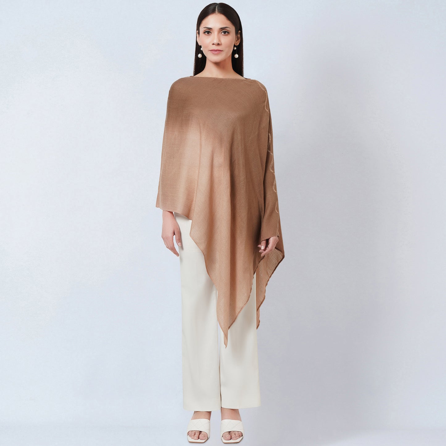 Brown Ombre Asymmetrical Embellished Cashmere Poncho