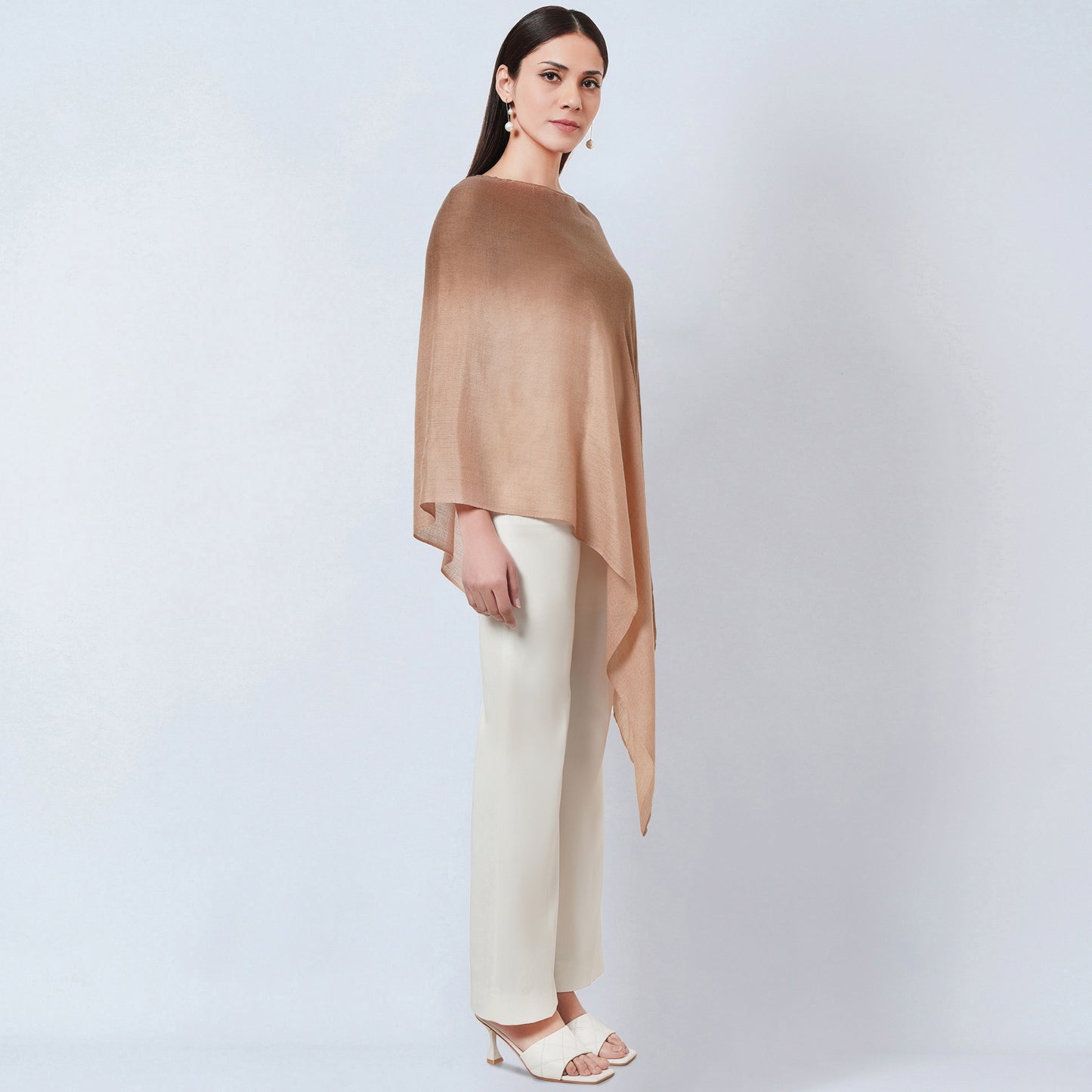 Brown Ombre Asymmetrical Embellished Cashmere Poncho