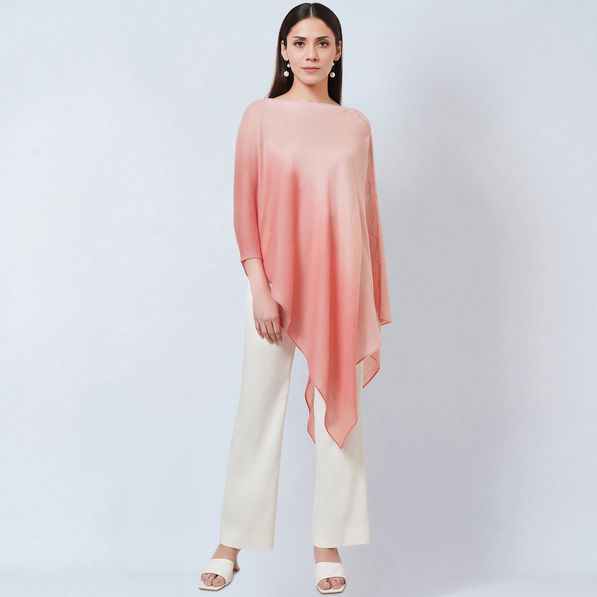 Pink Ombre Asymmetrical Embellished Cashmere Poncho First Resort